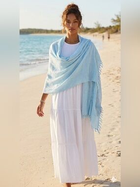 Pale Blue Gauze Shawl | Extra Wide Beach Sarong | Bathing Suit Cover Up